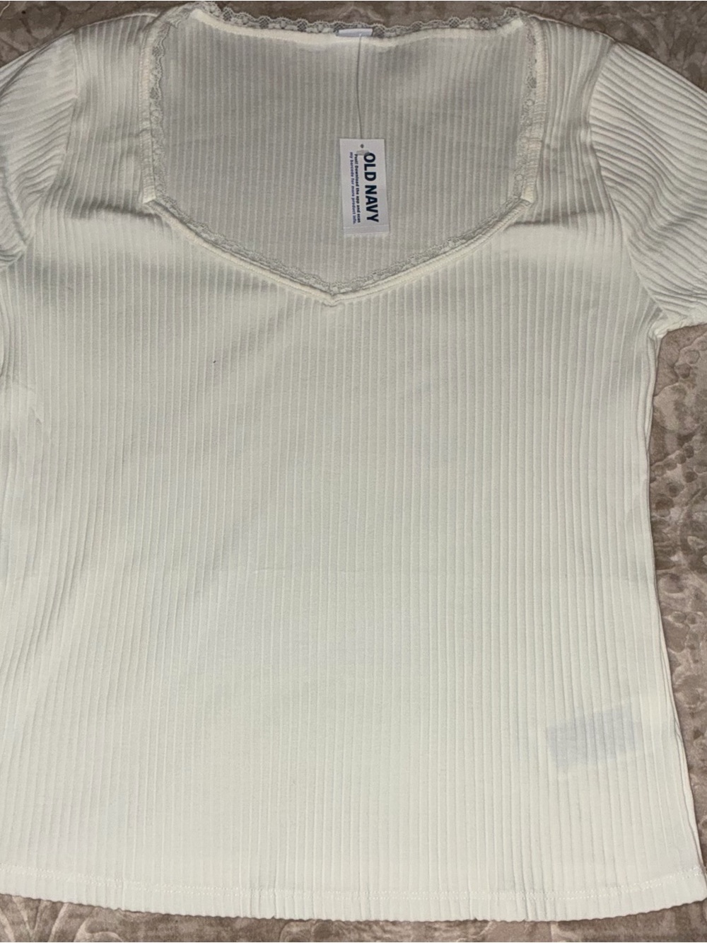 Old Navy Cream Ribbed Lace-Trim V-Neck Short Sleeve Top